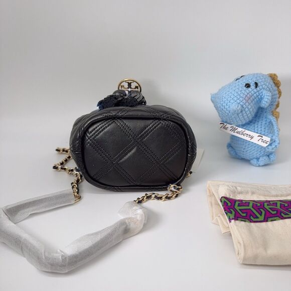 Tory Burch Fleming Mini Soft Quilted Leather Bucket Bag Crossbody Black Gold NWT - Picture 5 of 16